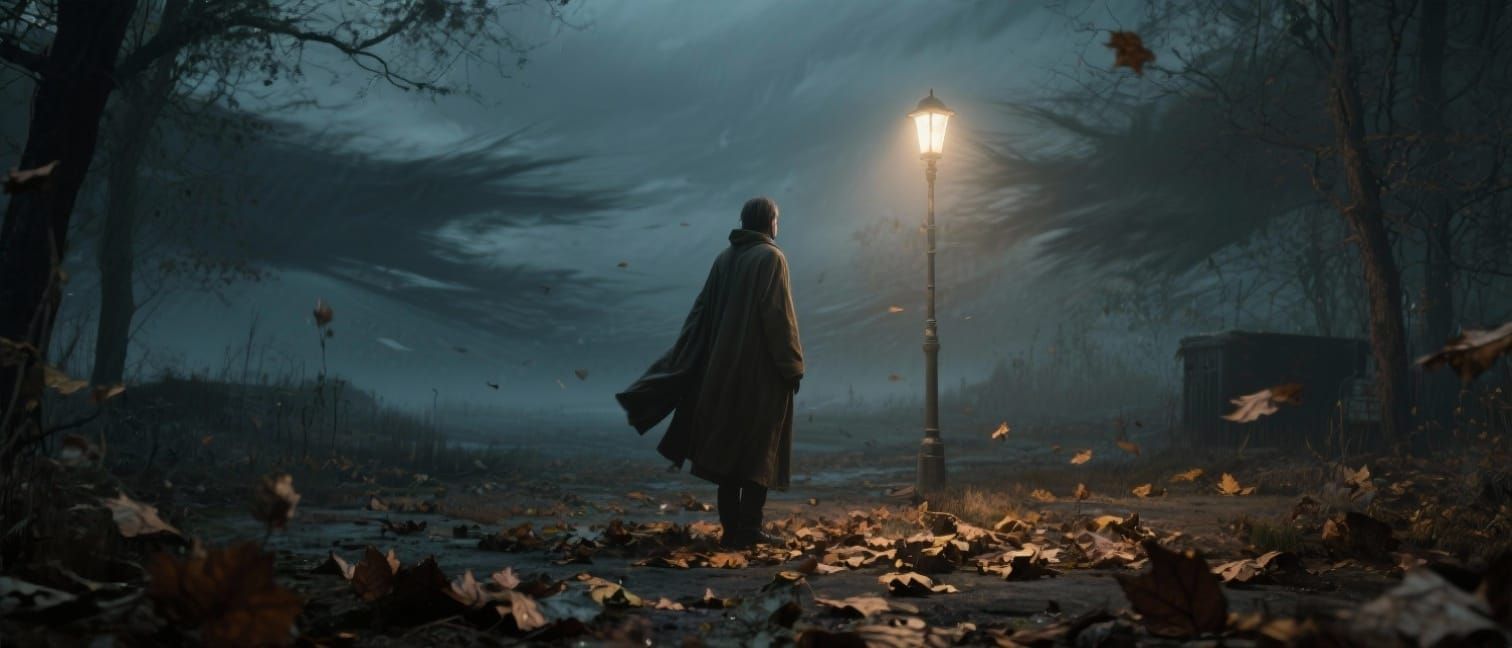 Autumn Lamplight Scene: Leaves and Wind