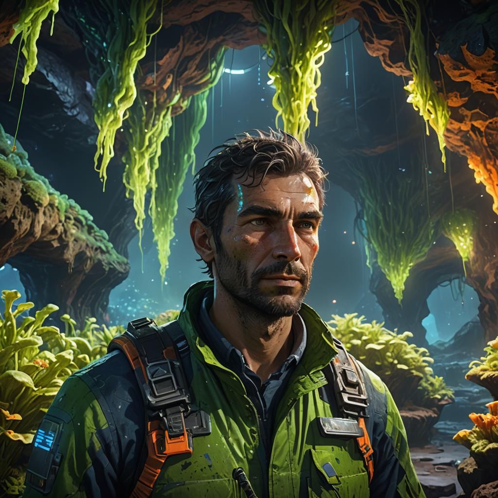 Lunar Farmer in Subterranean Fluorescent Cave: Concept Art