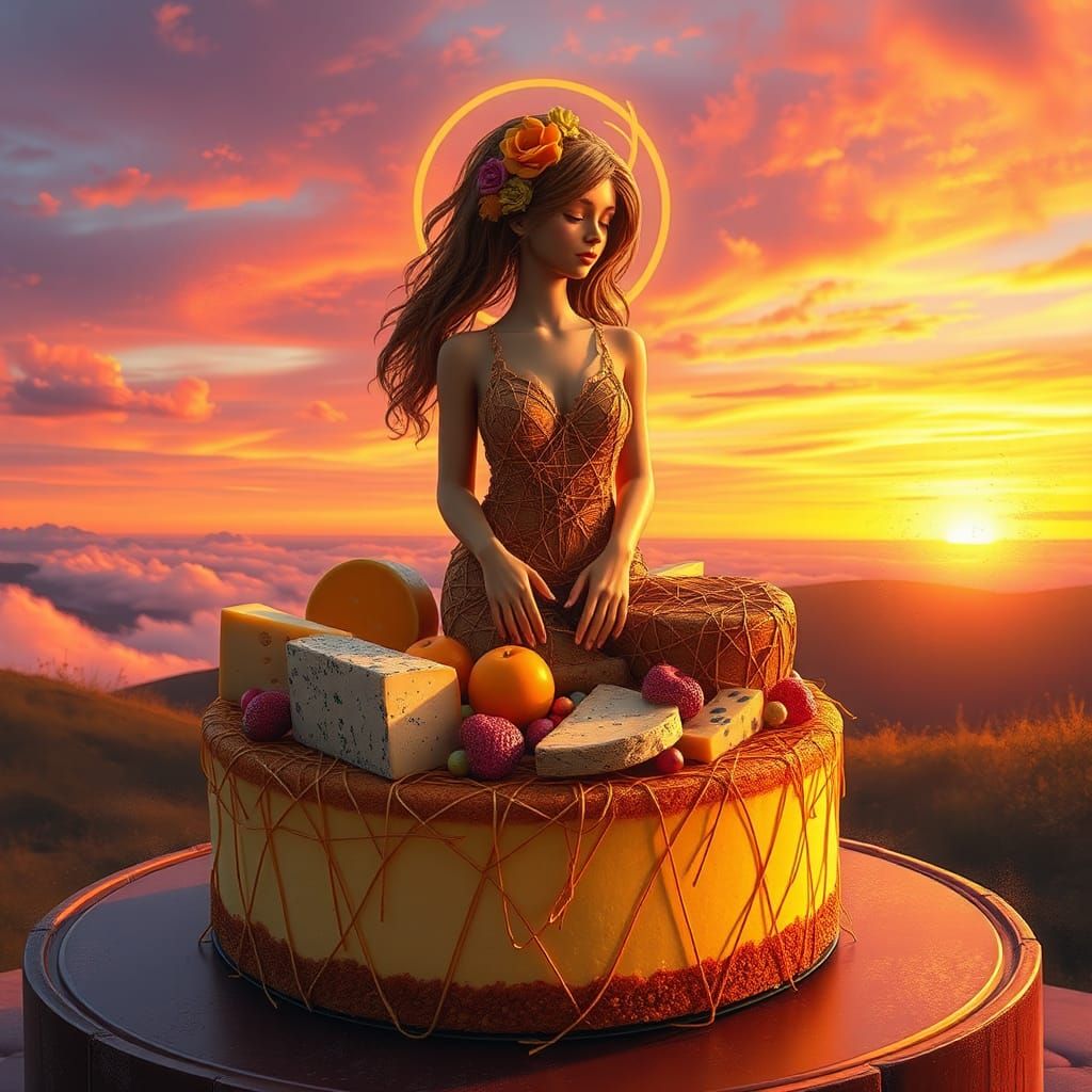 Golden Stringed Cheese Figure on a Cheesecake