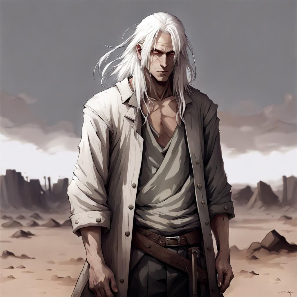 Wasteland Wanderer: Scarred Man in a Barren Landscape