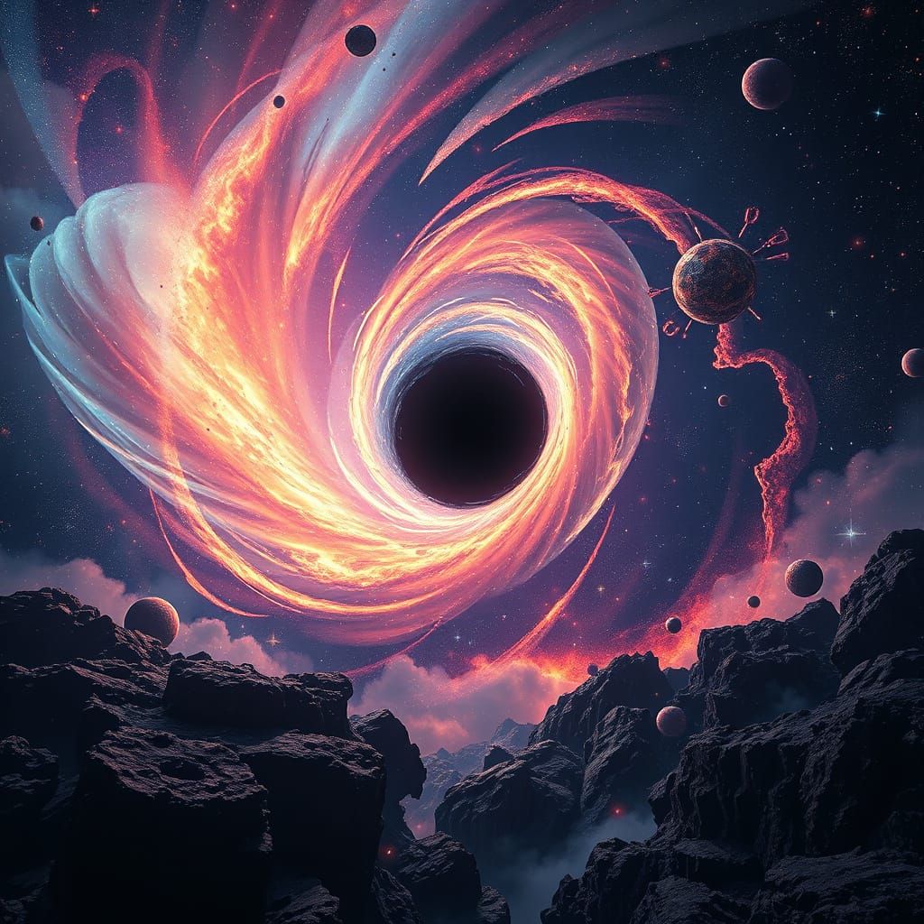 Ethereal Black Hole Swirls in Starry Galaxy