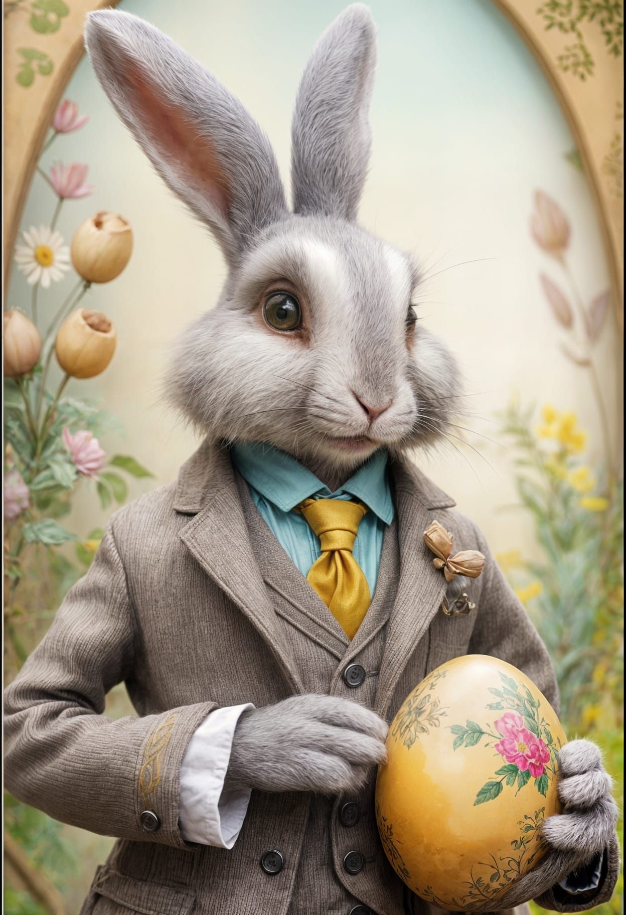 Whimsical Rabbit in Vintage Coat Holds Egg in Unconventional...