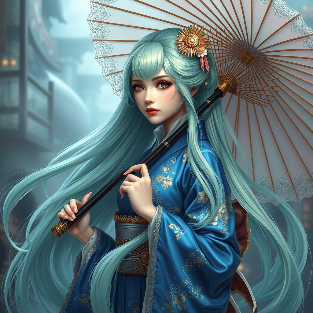 Japanese Lady in Blue Kimono with Ethereal Aura and Lavender...