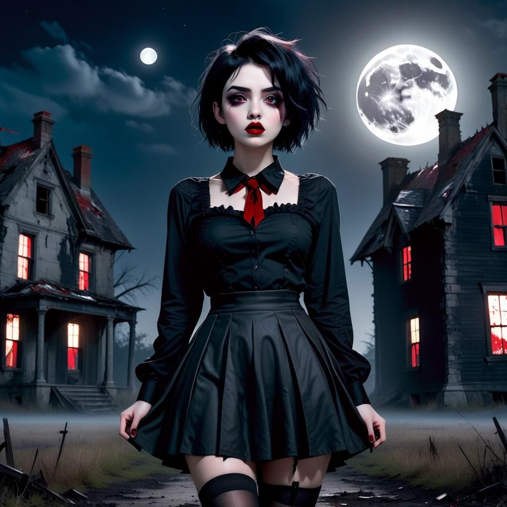 Goth Girl at Abandoned Manor Under Moonlight