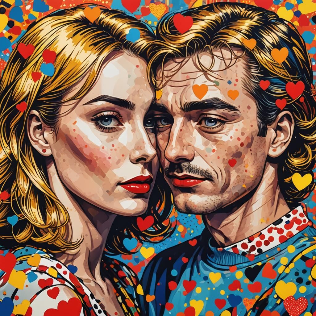 Vibrant Pop Art Portrait of Embracing Couple