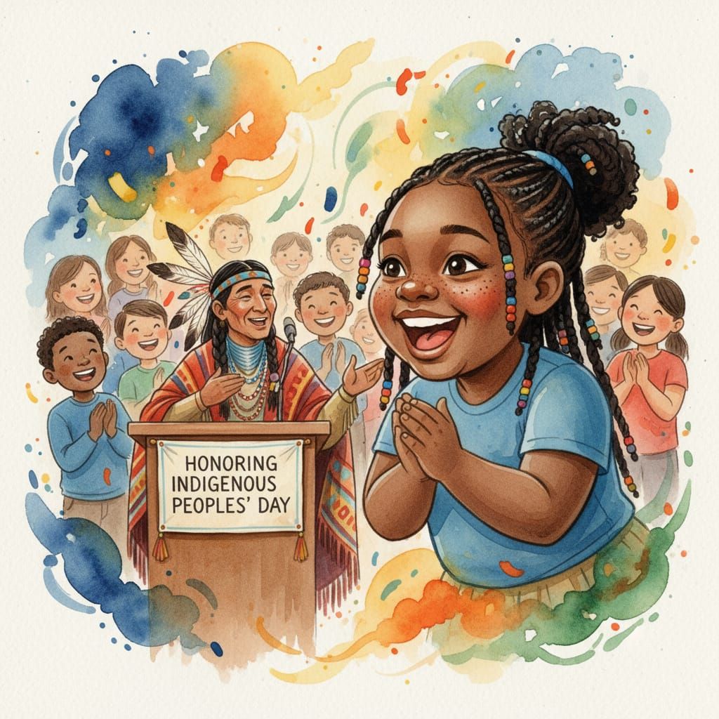 Joyful African American Girl at School Assembly in Watercolo...