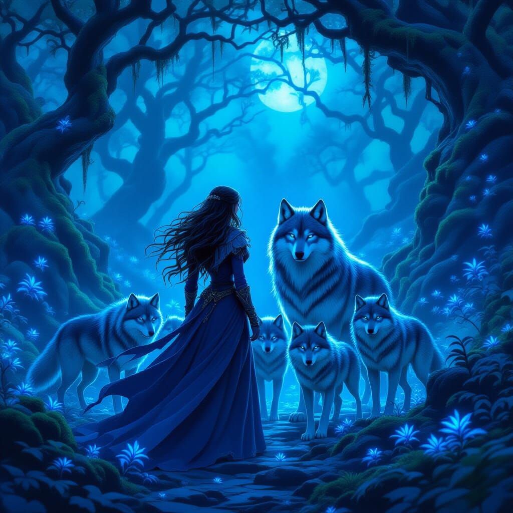 Female Guardian with Dire Wolves in Magical Forest