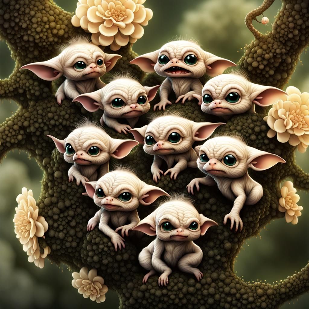 Diverse Baby Gremlins in Fractal Flower Garden