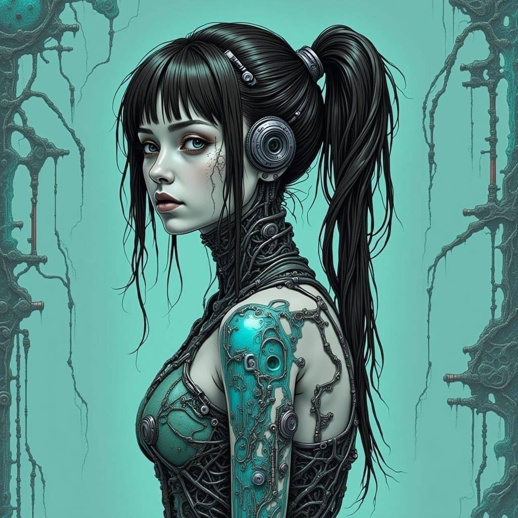 Cyborg Goddess in Neon H.R. Giger Style