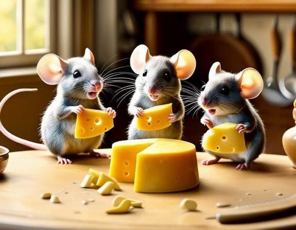 Cute Mice Siblings Arguing Over Cheese, Watercolour Painting