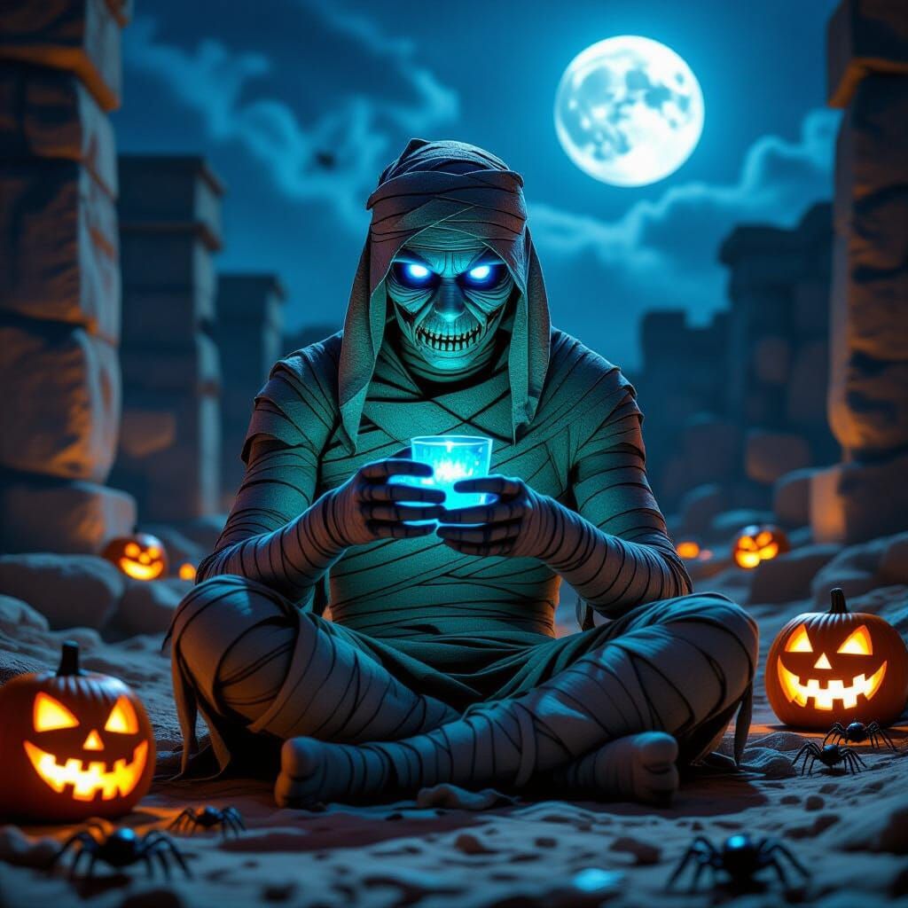 Mummy Sitting in Ruins with Glowing Blue Eyes