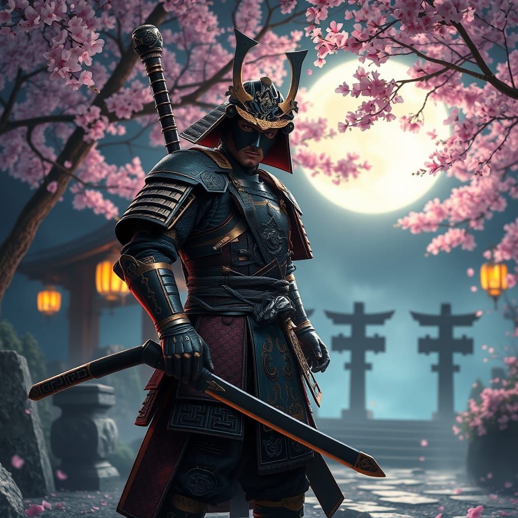 Anime Samurai Warrior in Moonlit Garden