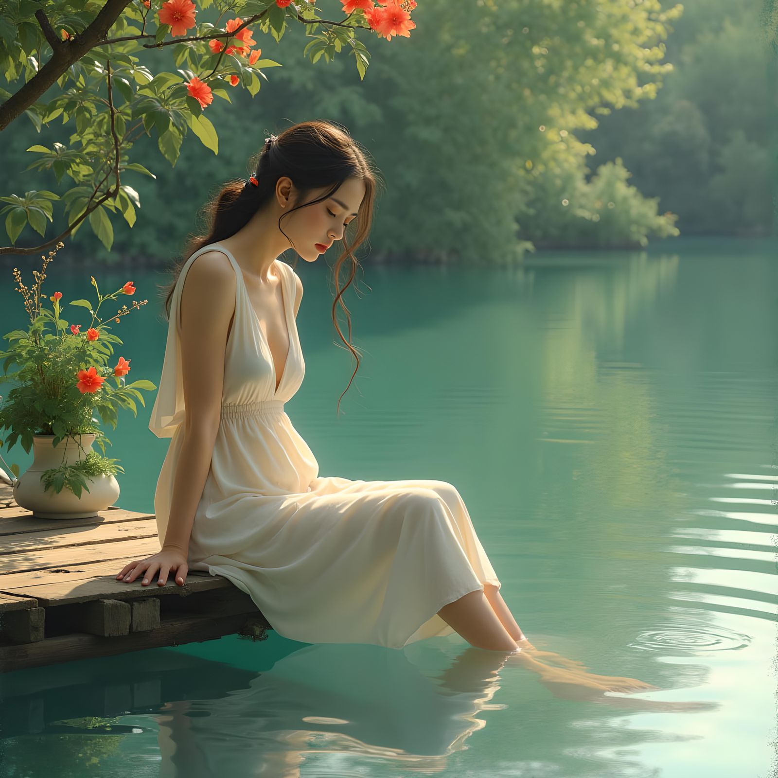 Young Woman Relaxing by Lake on Dock