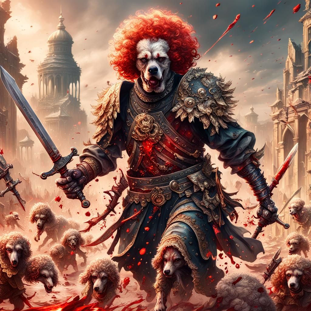 Poodles in Clothes Fight with Bone Swords