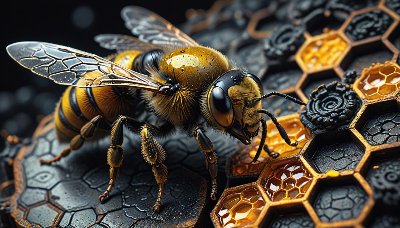 Steampunk Bee Enters Honeycomb in Golden Light