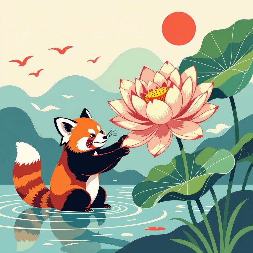 Red Panda Wrestles Lotus in Minimalist Landscape