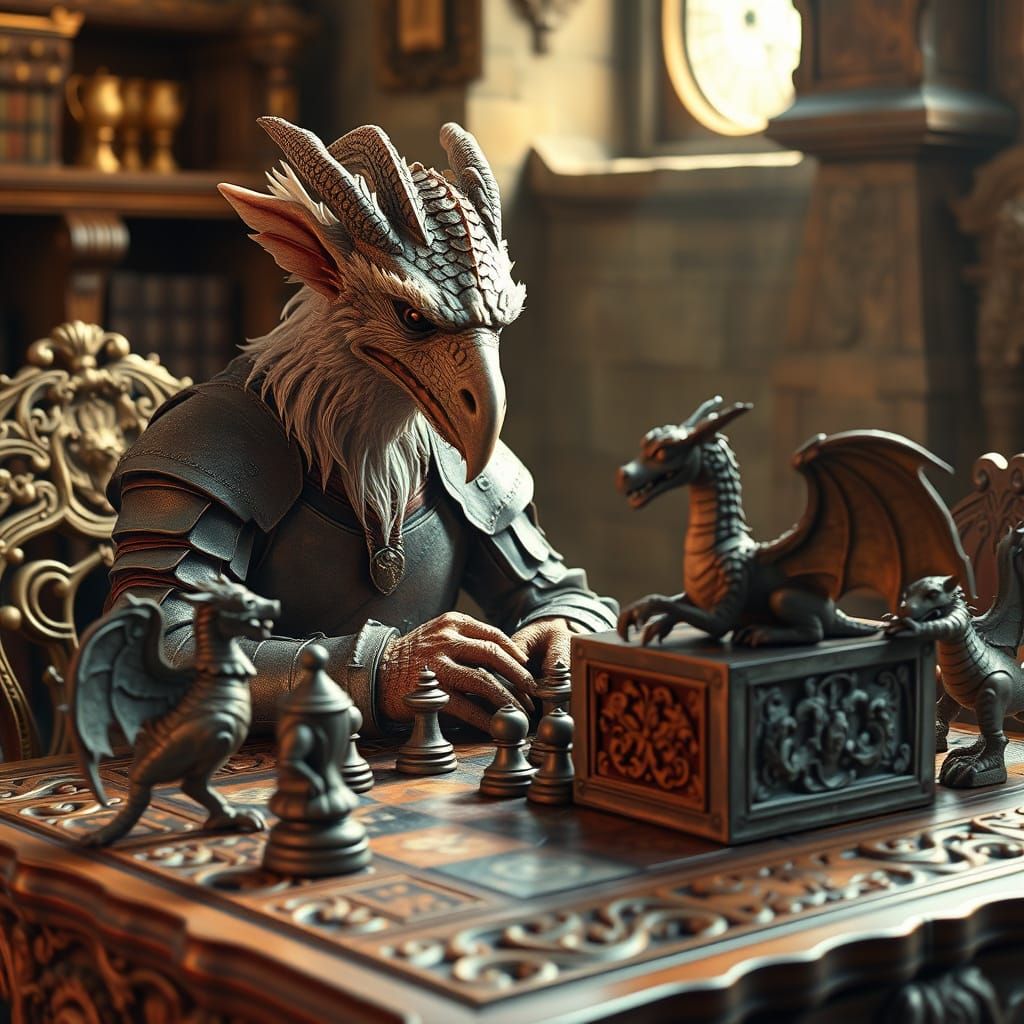 Griffin and Mimic Chess Game in Fantasy Style