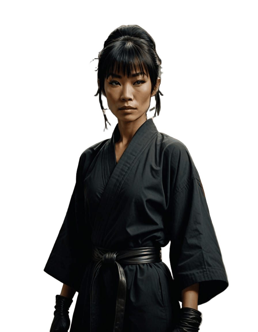 Bai Ling, female wrestler, arrogant, black kimono, black bel...