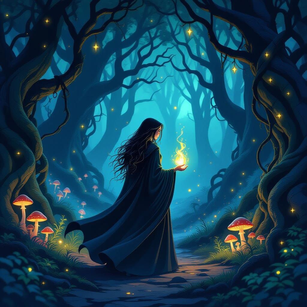 Mystical Sorceress Illuminated by Fireflies in Dark Enchante...