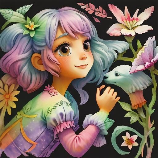 Whimsical Dog and Lilies in Pastel Digital Art