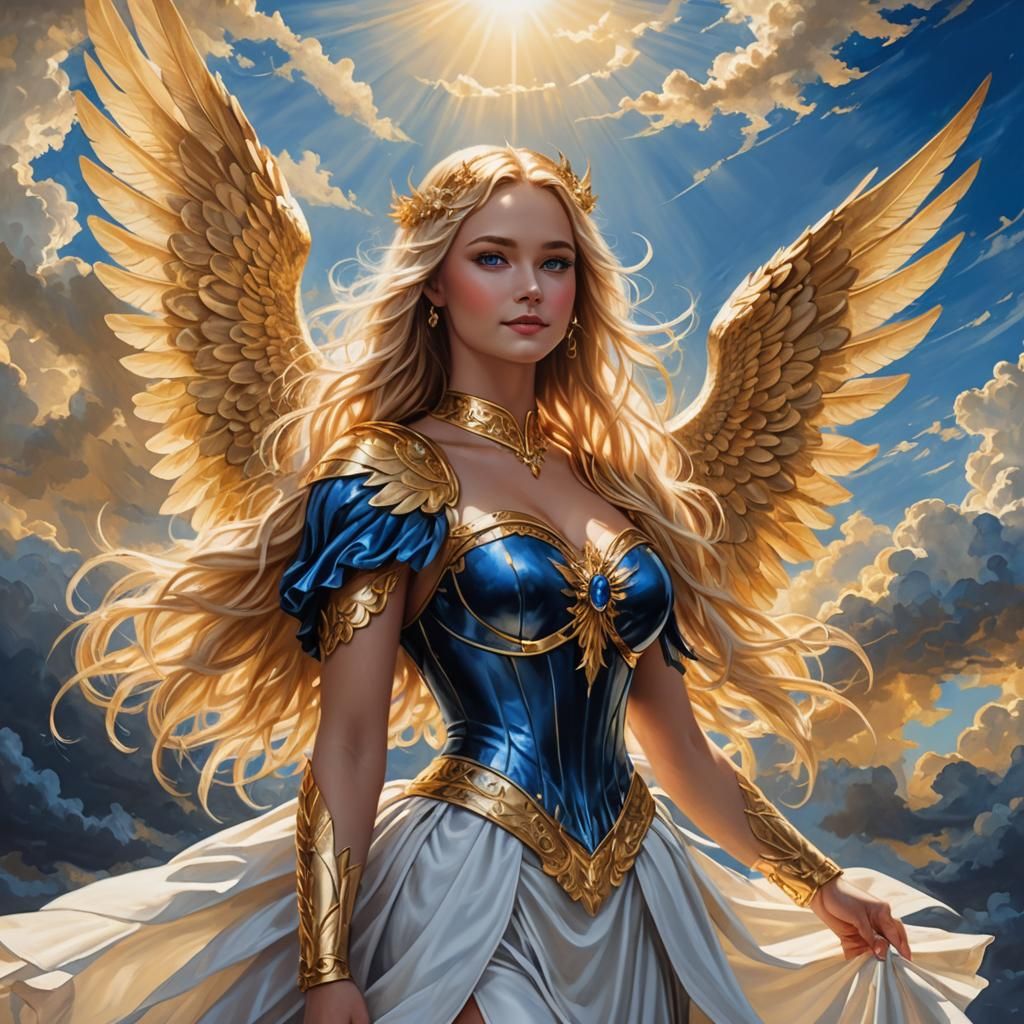 Golden Angel with Sapphire Eyes in Watercolor Style