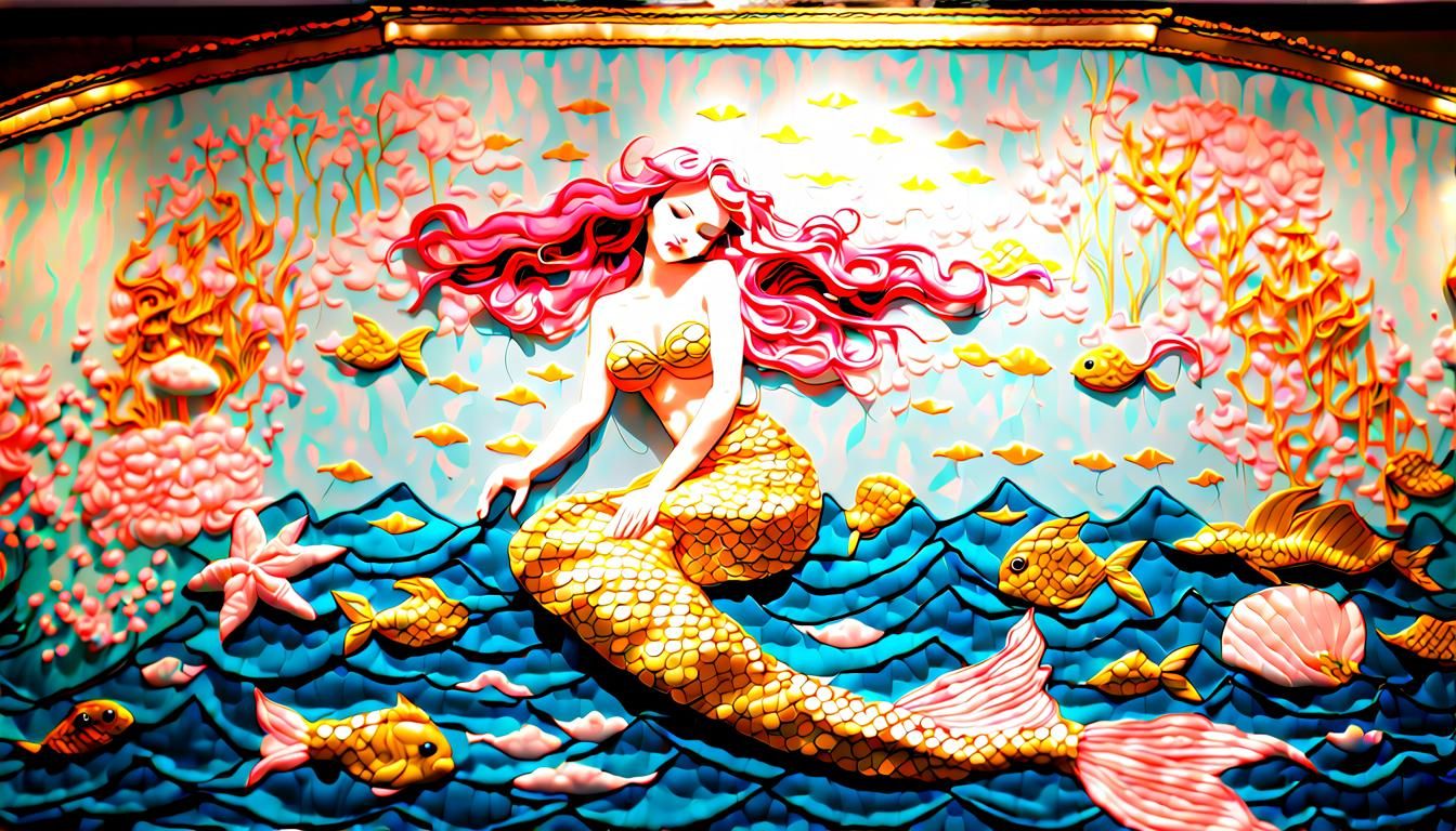 Kawaii Mermaid Embroidery Art Installation in Museum