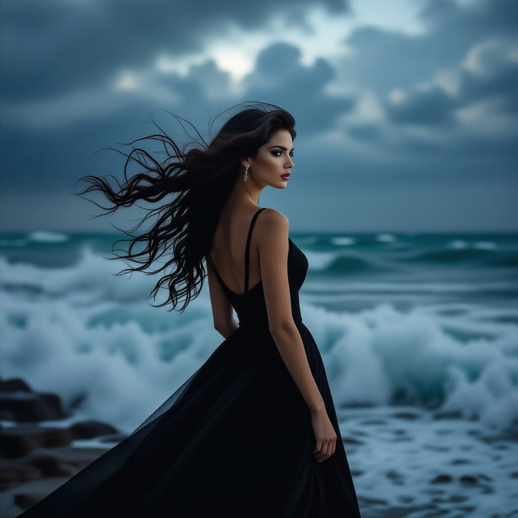 Dramatic Black and White Portrait of Woman by Sea