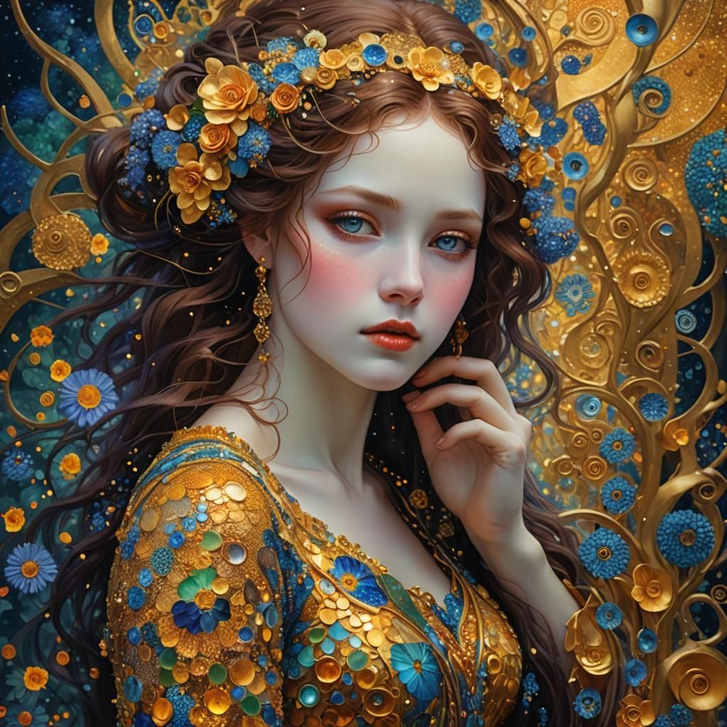 Klimt-Inspired Portrait with Gold and Blue Flowers