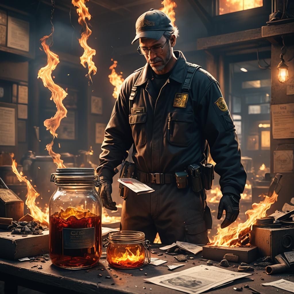 CSI Tech Reviews Arson Evidence in Jar