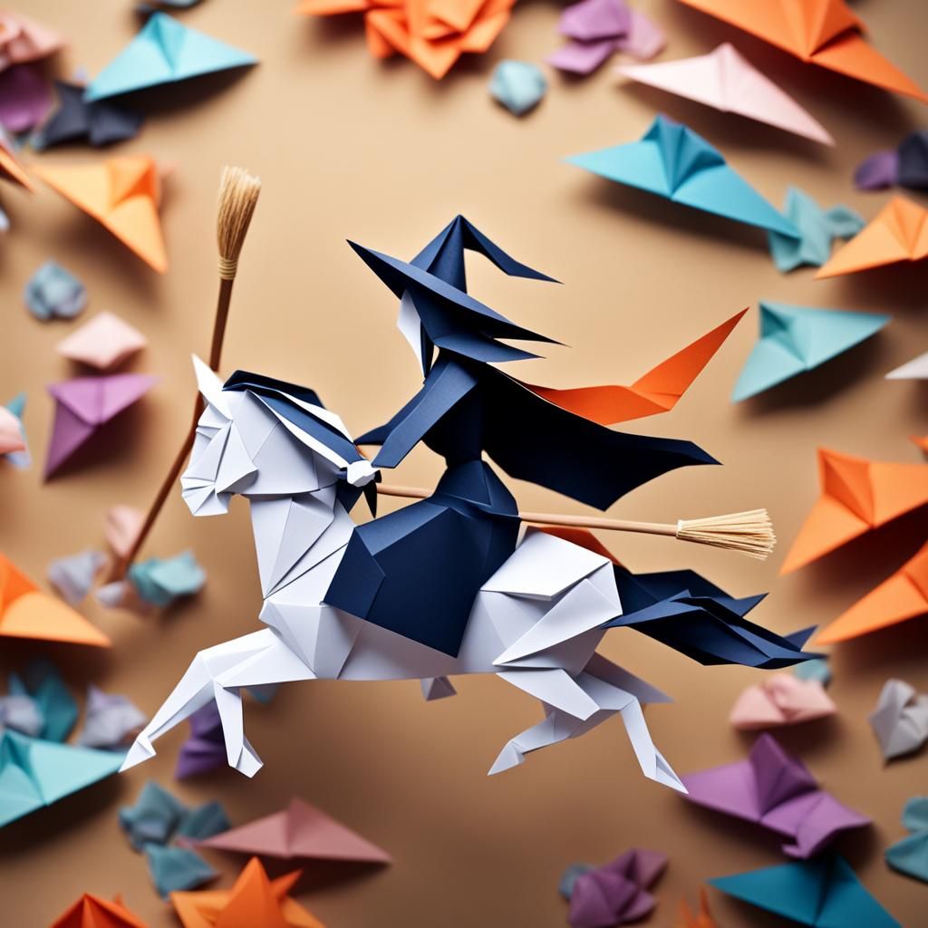 Origami Witch Rides Broom in Papercraft Style