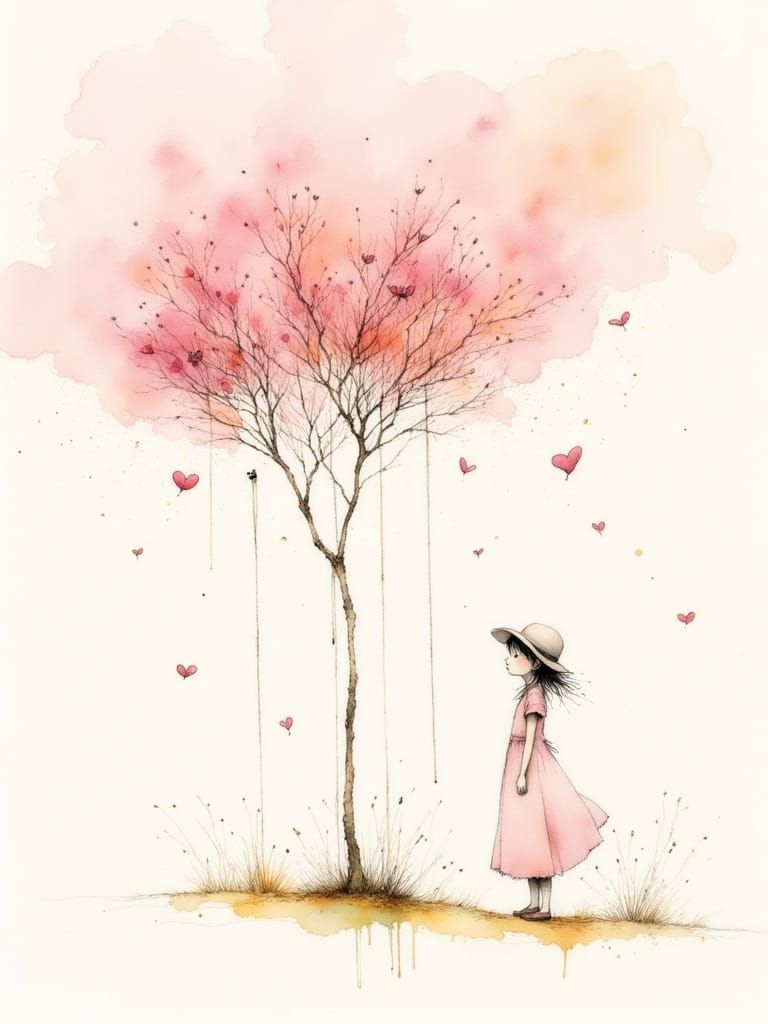 Serene Figure by Delicate Tree in Pastel Hues