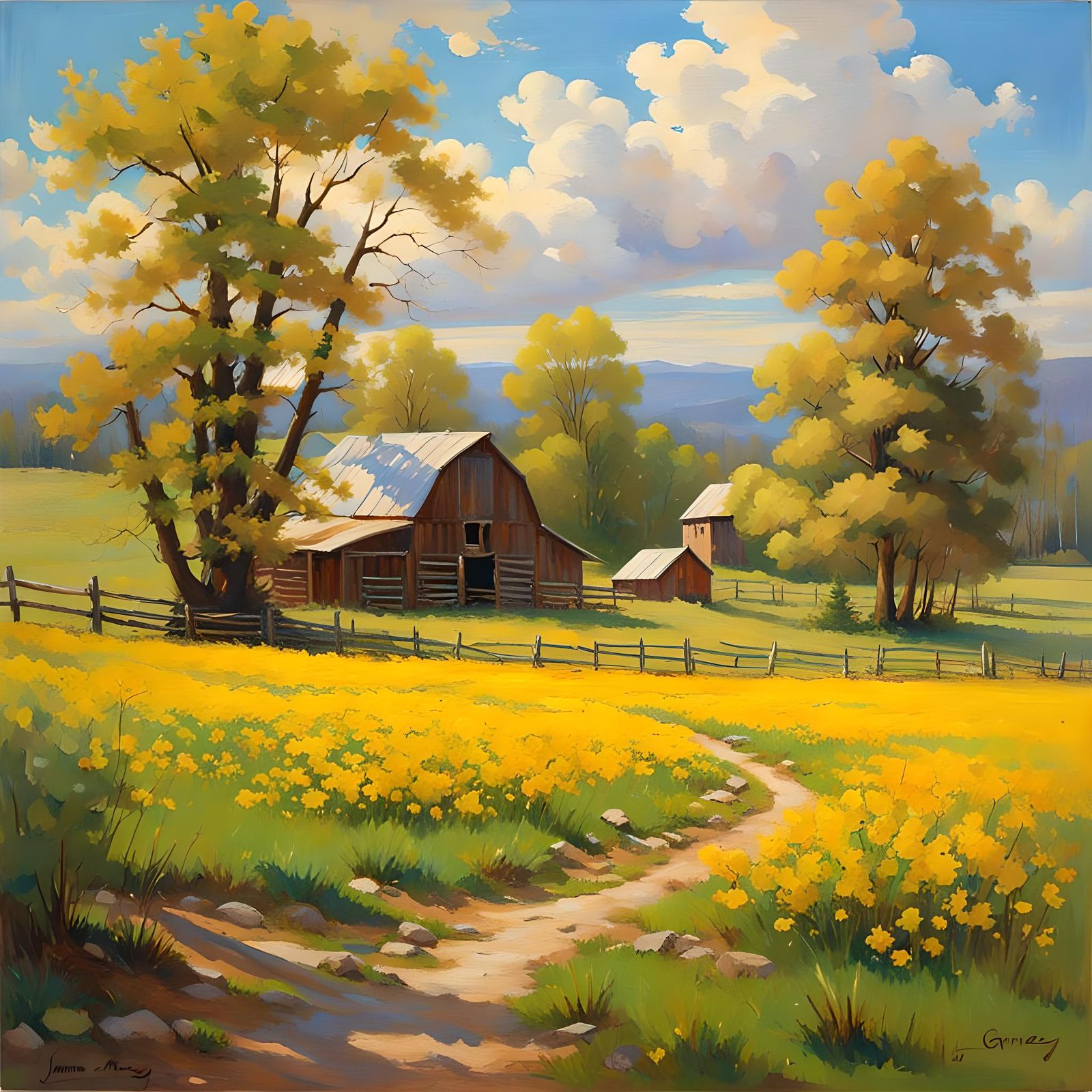 American Farm Spring Scene Painting