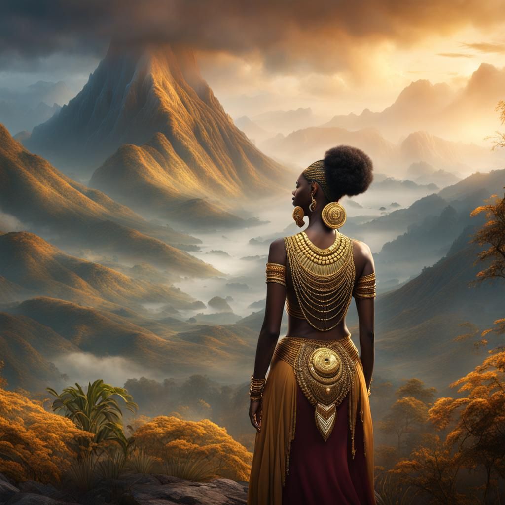 African Figure Gazing at Misty Mountain Landscape