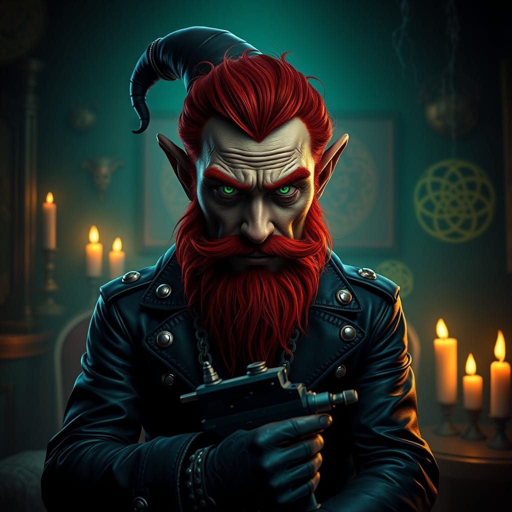 Mysterious Leprechaun in Dark Tattoo Shop