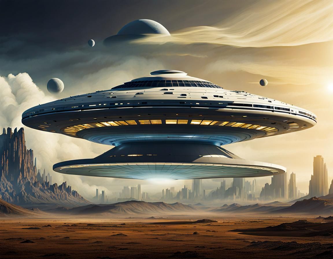 Utopian Flying Saucer Soaring Through Atmosphere