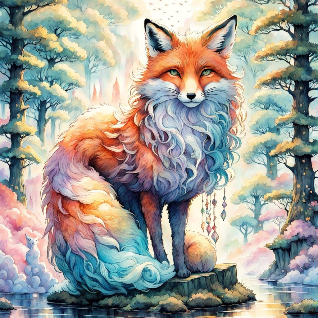 Fantasy Fox in Whimsical Watercolor Landscape