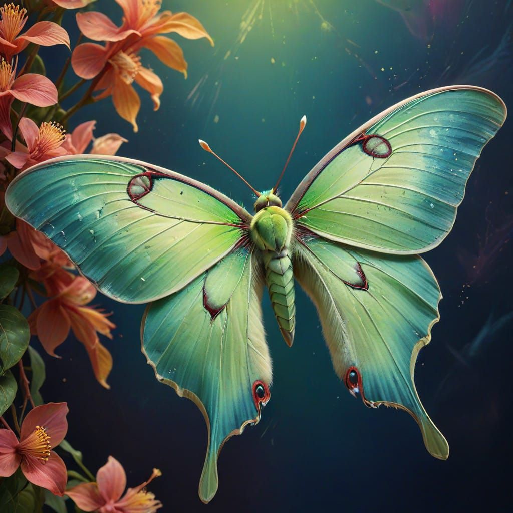 Hyperrealistic Luna Moth in Vibrant Splash Art Style