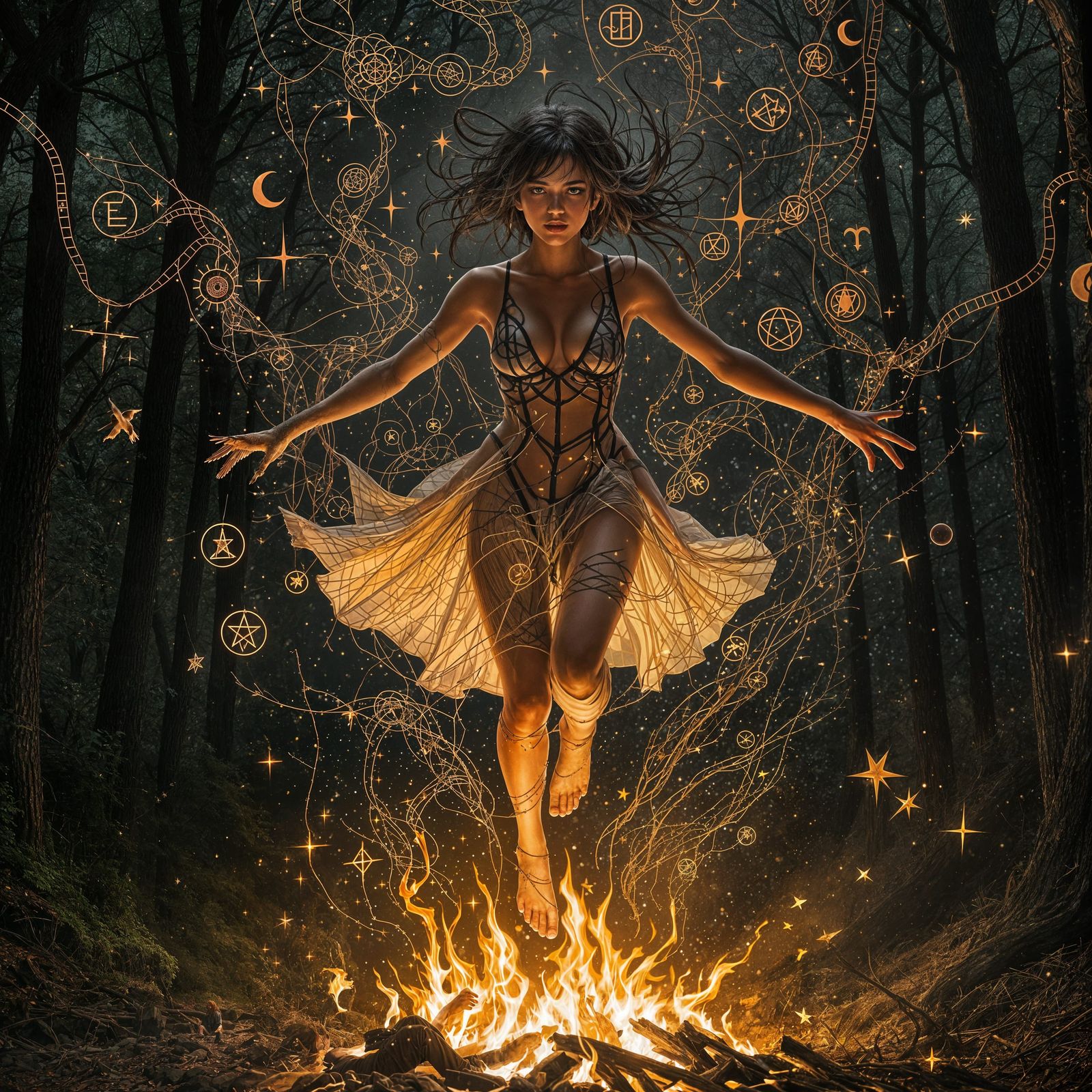 Witch Leaping Bonfire in Forest Clearing, Illustration