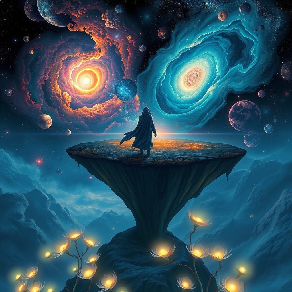 Cosmic Surrealism: Figure Gazing at Distant Galaxies