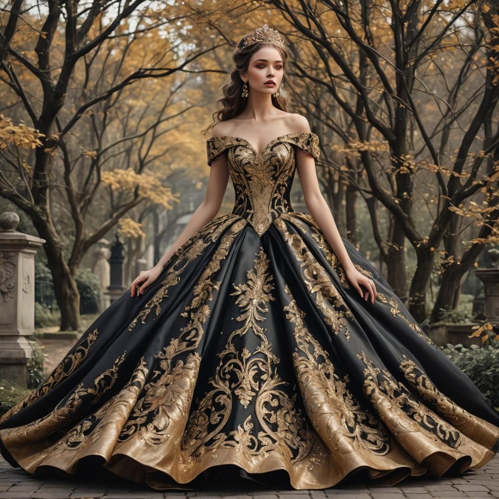 Girl in Black and Gold Fantasy Ball Gown
