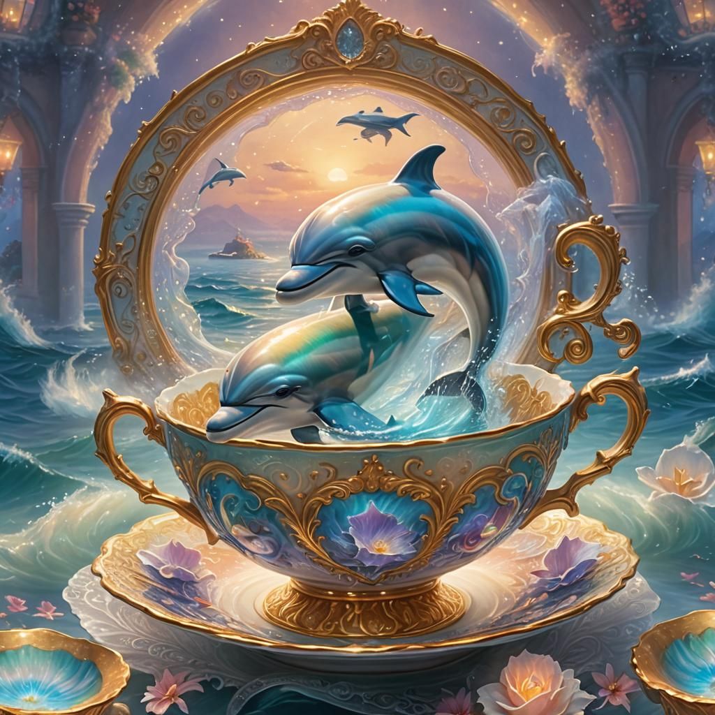 Dolphin in Teacup in Ethereal Ocean Fantasy