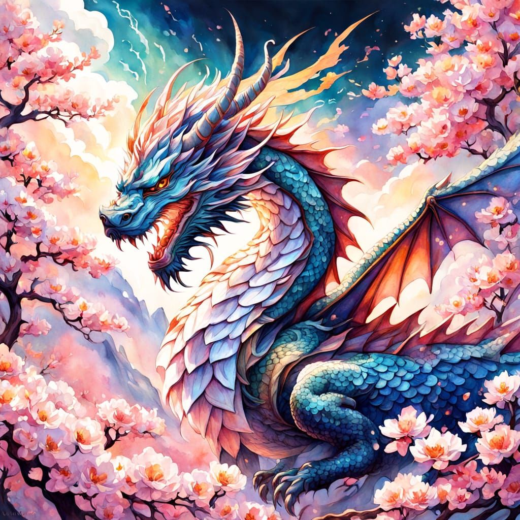 Ethereal Watercolor Dragon Soars Through Cherry Blossoms