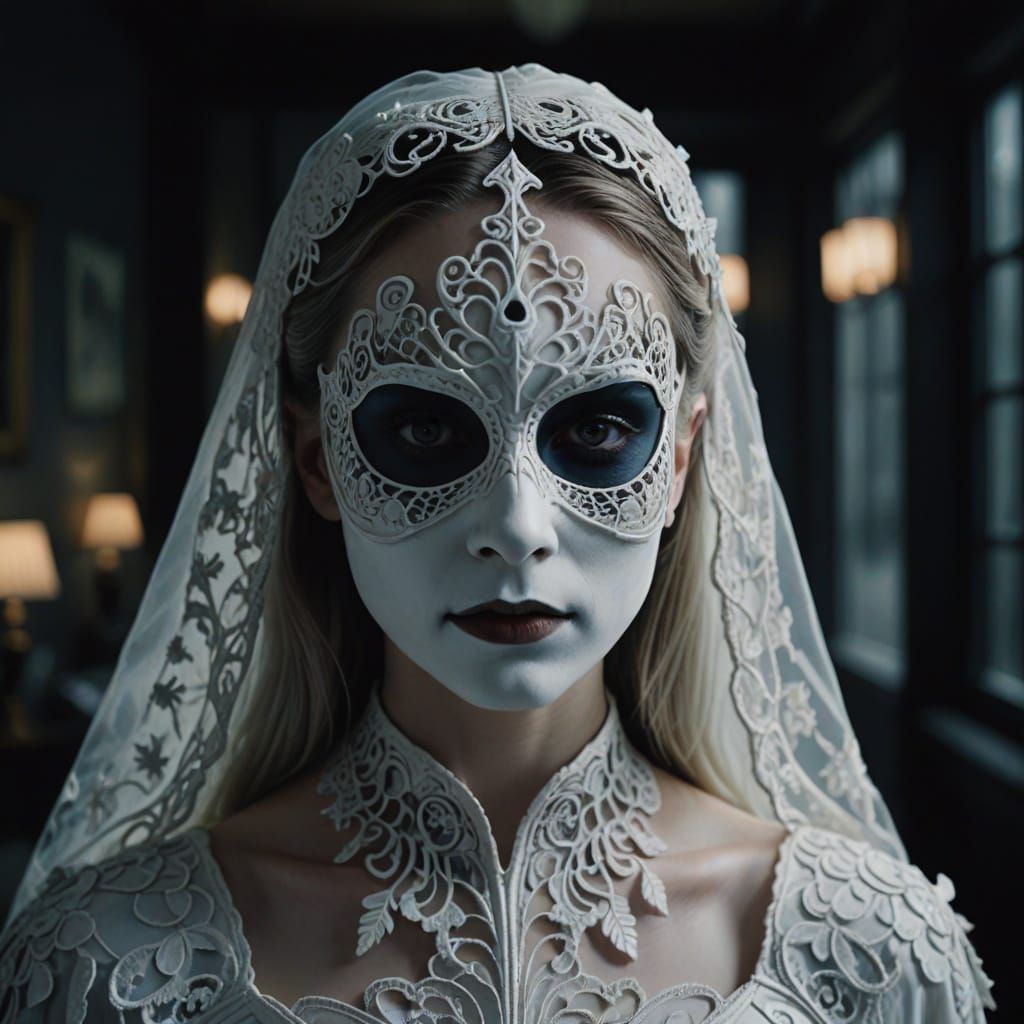 Ghostly Woman in White: Hyperrealistic Digital Portrait