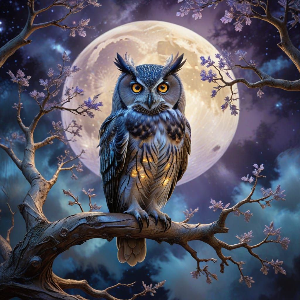 Majestic Owl Contemplates Under the Shimmering Moonlight