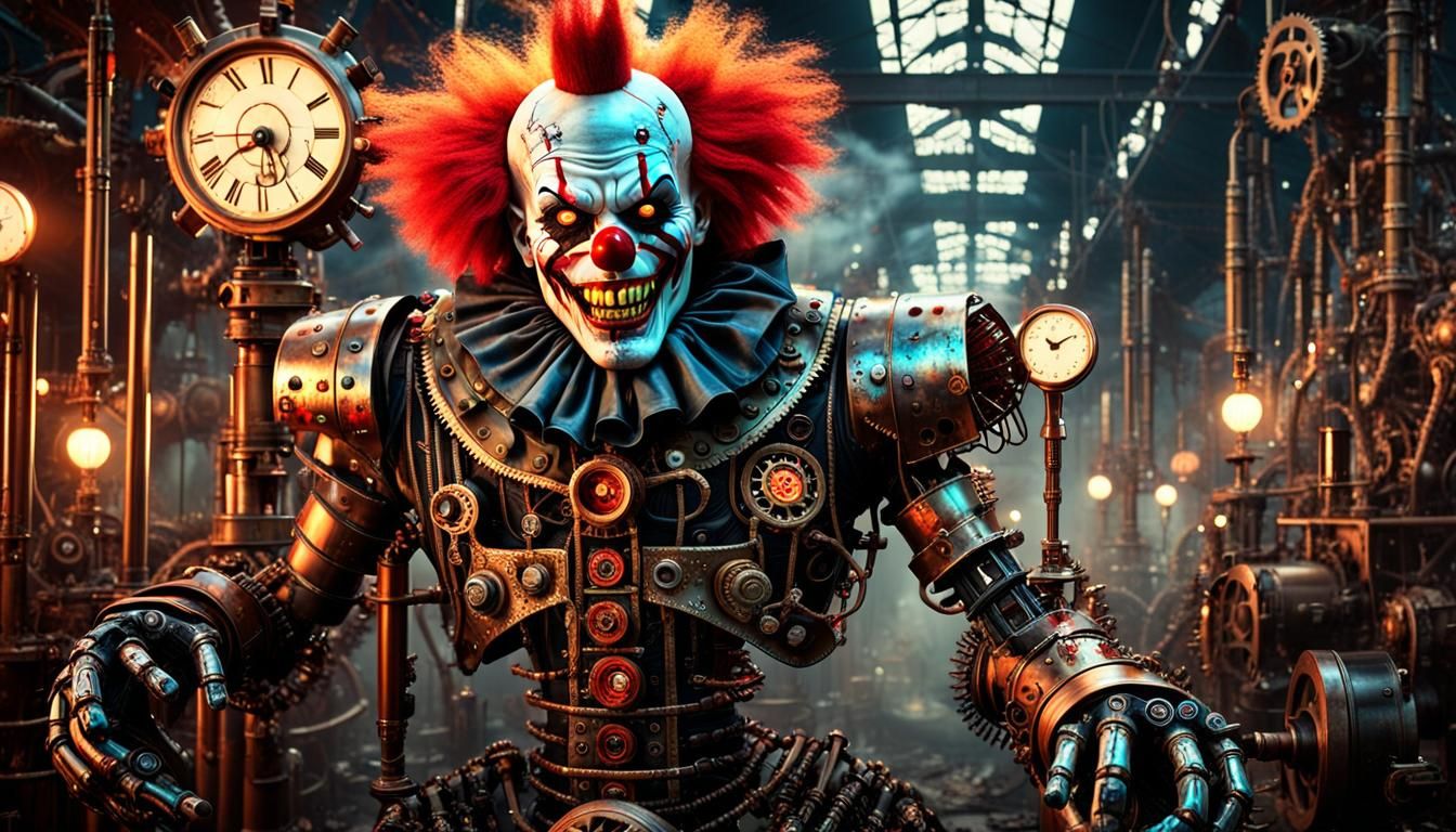 Evil Clown Terminator in Steampunk Carnival: Airbrush Art