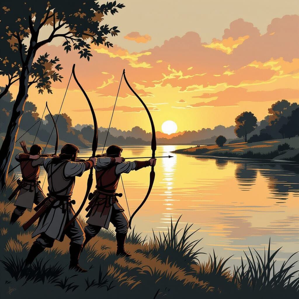 Medieval Archers Practice at Dawn: Sepia Ink Illustration