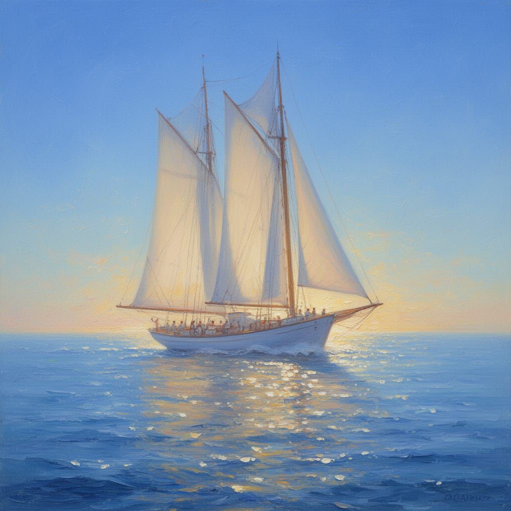 Majestic Sailboat on Calm Azure Sea in Golden Hour Light