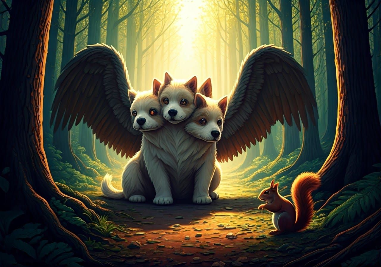 Magical Fantasy Dog with Wings Spreads Its Arms in a Forest ...