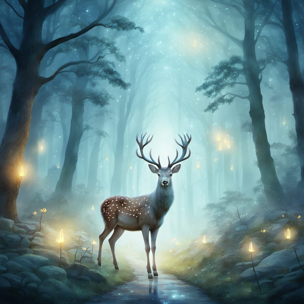 Ghostly Deer Leads Travelers in Enchanted Forest