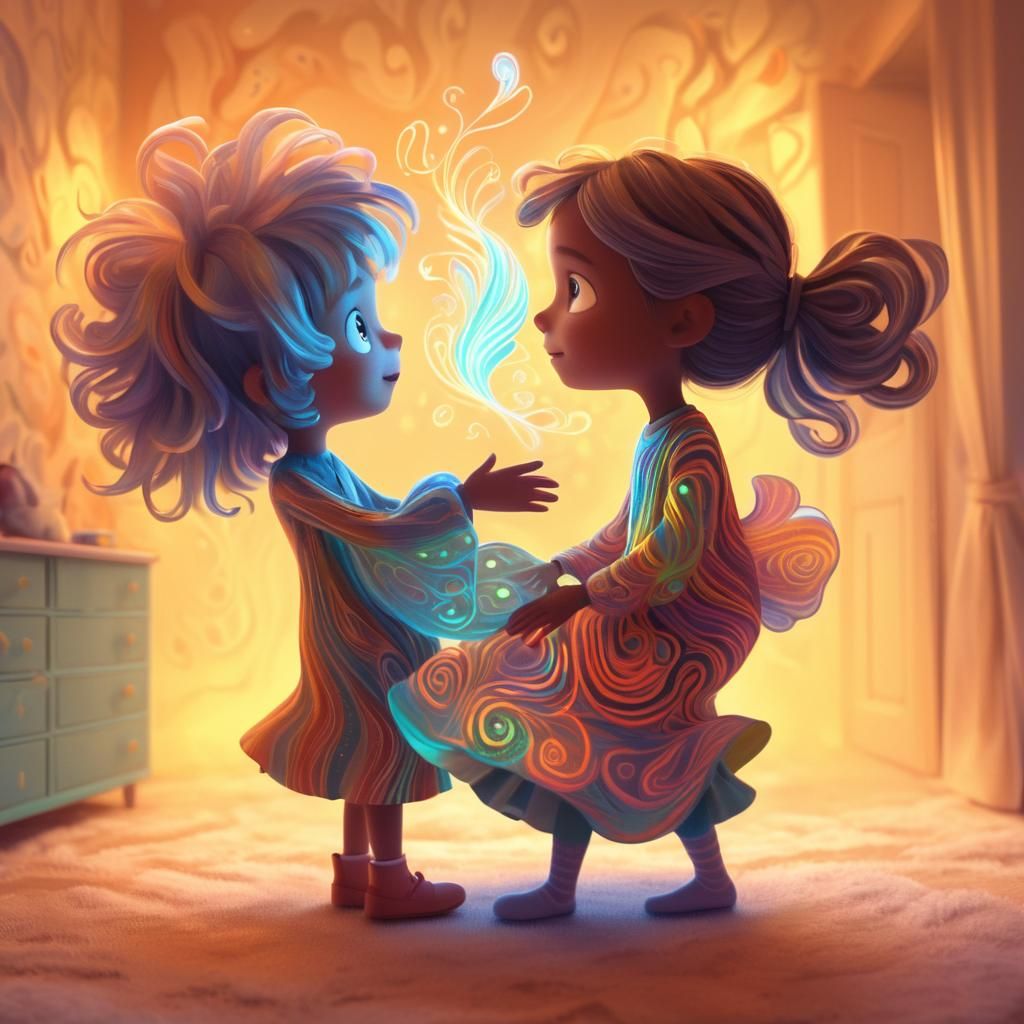 Whimsical Flux Lady and Curious Kid: Dreamy Illustration
